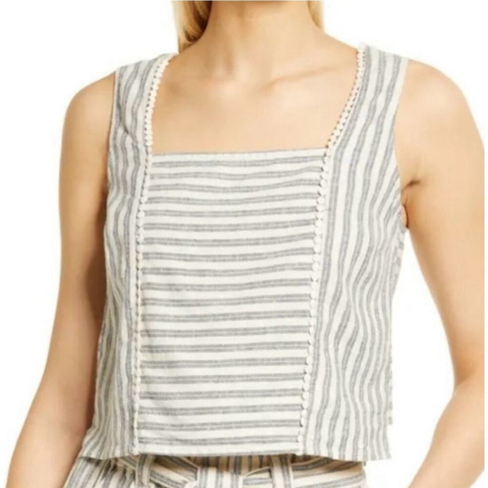 Marine Layer Womens Stella Linen Blend Cropped Stripe Tank Top Blue/White Size S